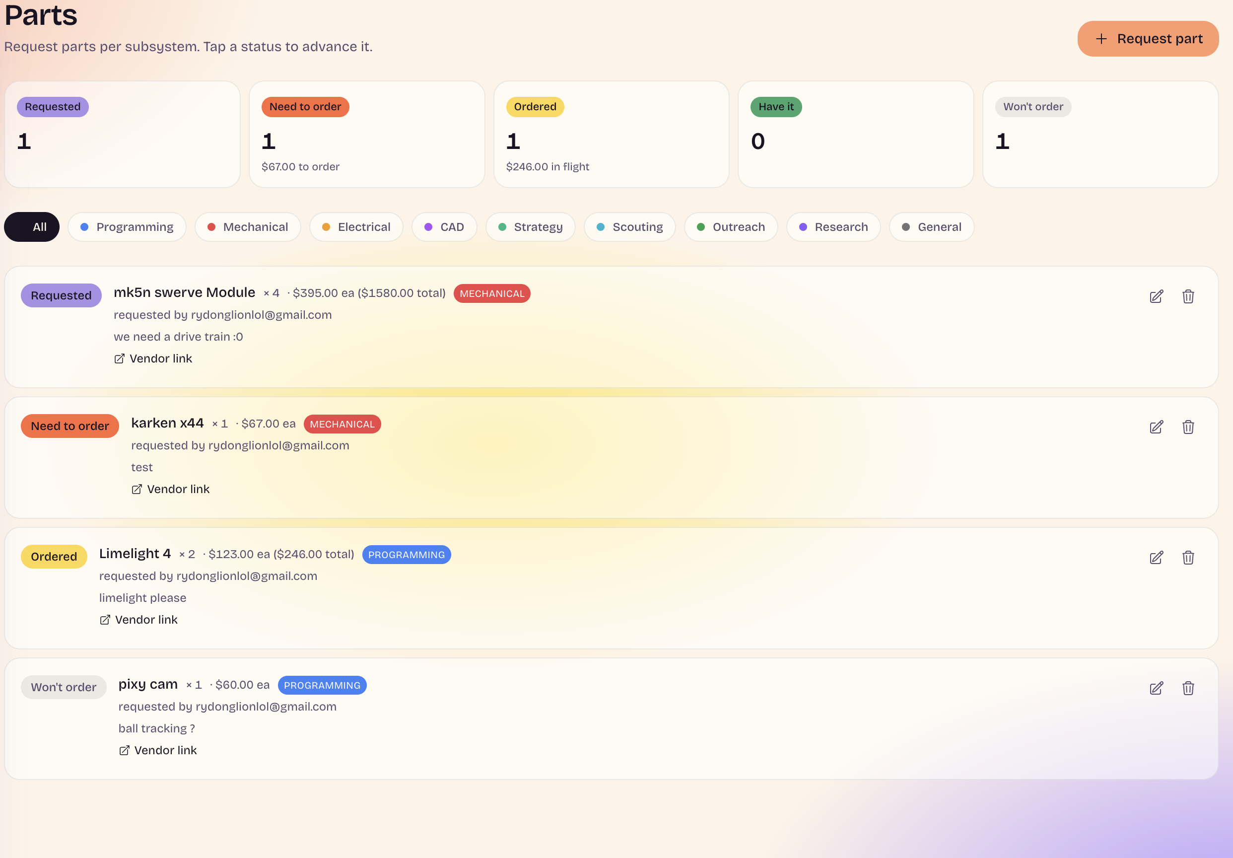 AltHub parts tracker